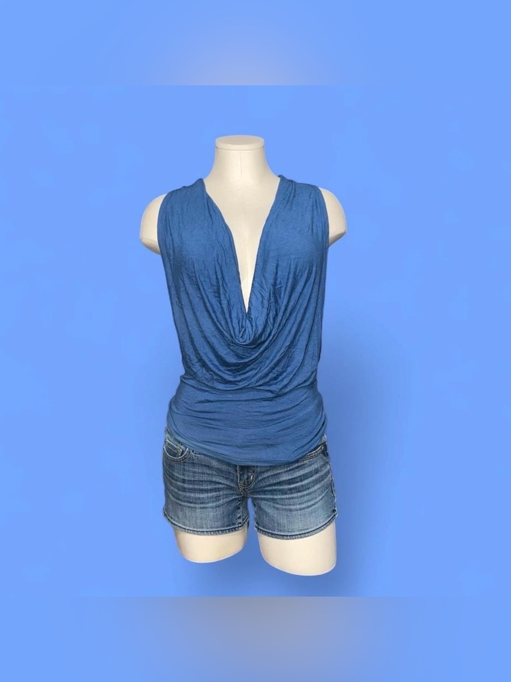 PattyBoutik Draped Deep V Sleeveless Camisole in Blue